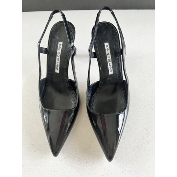 Manolo Blahnik Bretto black Patent Leather Slingback Pumps Size 36.5 - Picture 2 of 12